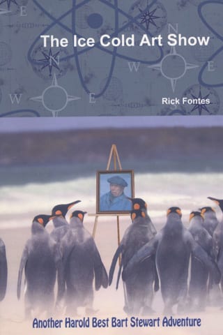 Penguins surrounding a framed portrait on ice.