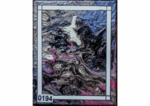 Abstract painting with swirling dark and light colors.