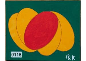 Abstract artwork with vibrant red and yellow shapes.