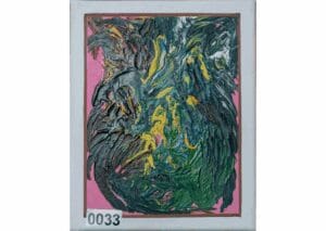 Abstract artwork with swirling green and yellow patterns.